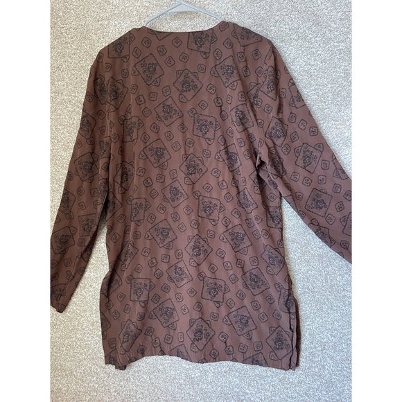 Vintage L. Bates Brown Floral Long Sleeve Button Up Tunic Shirt Sz L - Picture 5 of 7